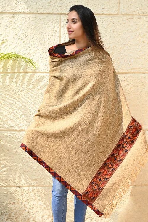 The ICH Exclusive Soft Himachal Wool Shawl With Woven Border - Sandstone Birch