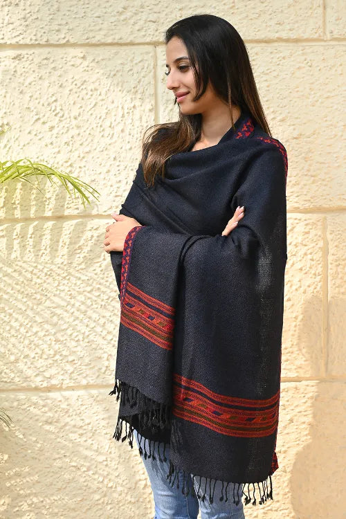 The ICH Exclusive Soft Himachal Wool Shawl With Woven Border - Midnight Ocean