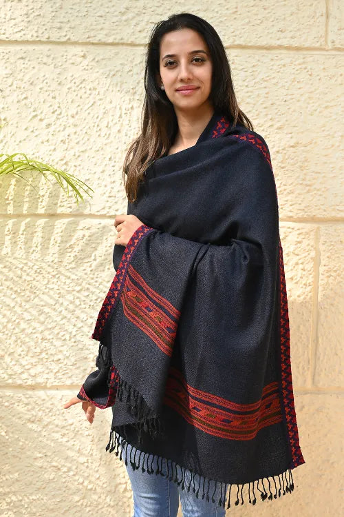 The ICH Exclusive Soft Himachal Wool Shawl With Woven Border - Midnight Ocean