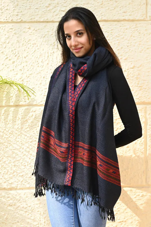 The ICH Exclusive Soft Himachal Wool Shawl With Woven Border - Midnight Ocean