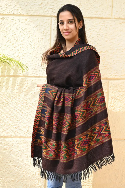 The ICH Fine, Soft Himachal Self Striped Wool Shawl - 3 Panels, Spiced Cacao