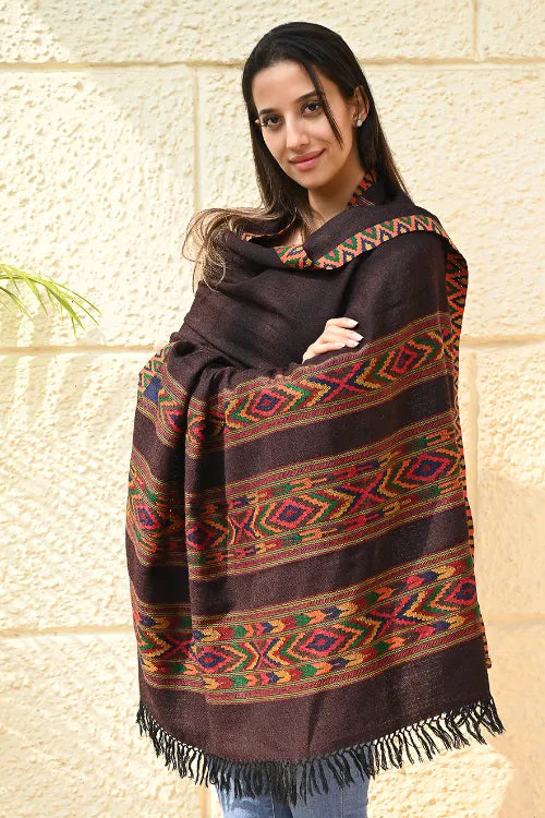 The ICH Fine, Soft Himachal Self Striped Wool Shawl - 3 Panels, Spiced Cacao
