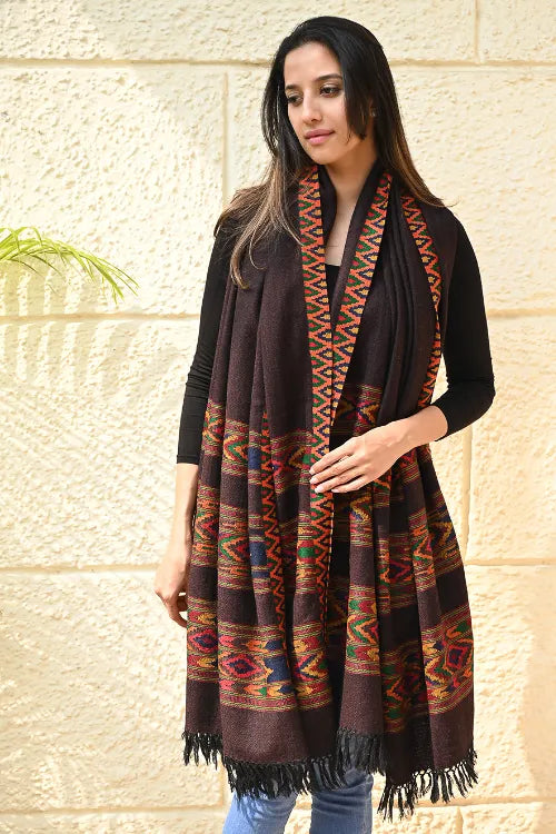 The ICH Fine, Soft Himachal Self Striped Wool Shawl - 3 Panels, Spiced Cacao