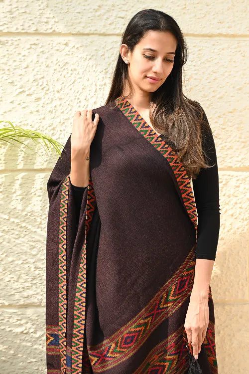 The ICH Fine, Soft Himachal Self Striped Wool Shawl - 3 Panels, Spiced Cacao