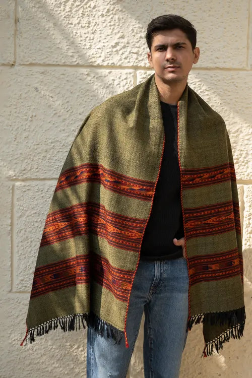 The ICH Light & Warm Himachal Stole - Olive Bands