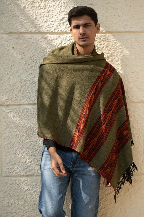 The ICH Light & Warm Himachal Stole - Olive Bands