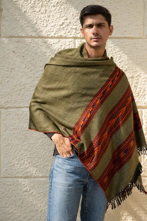 The ICH Light & Warm Himachal Stole - Olive Bands