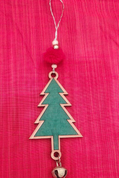 Whe Solid Green Christmas Tree Repurposed Wood & Upcycled Fabric Christmas Charm Combo Of 3