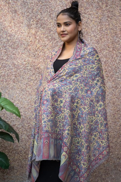 TICH Fine, Soft Kashmiri Wool Stole - Lemon Floral