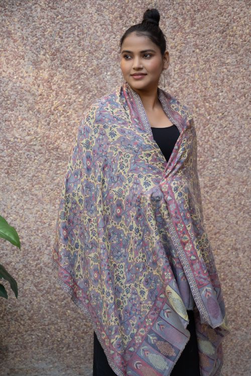 TICH Fine, Soft Kashmiri Wool Stole - Lemon Floral