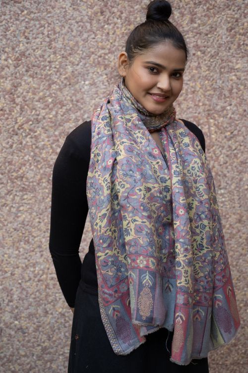 TICH Fine, Soft Kashmiri Wool Stole - Lemon Floral
