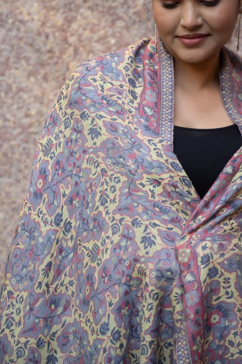 TICH Fine, Soft Kashmiri Wool Stole - Lemon Floral