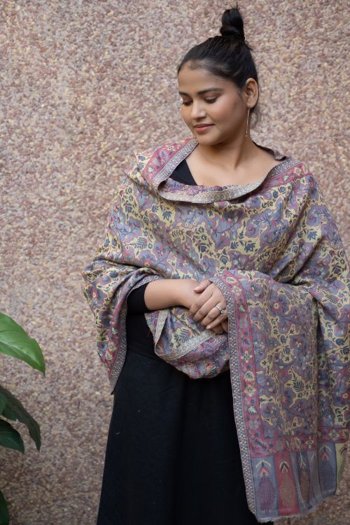 TICH Fine, Soft Kashmiri Wool Stole - Lemon Floral