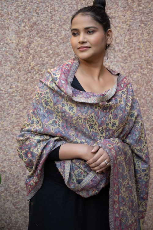 TICH Fine, Soft Kashmiri Wool Stole - Lemon Floral