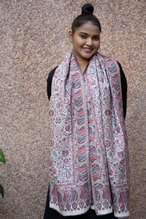 TICH Fine, Soft Kashmiri Kani Pattern Wool Stole - Beige Ornate