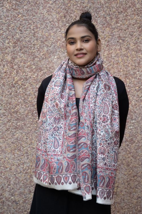 TICH Fine, Soft Kashmiri Kani Pattern Wool Stole - Beige Ornate