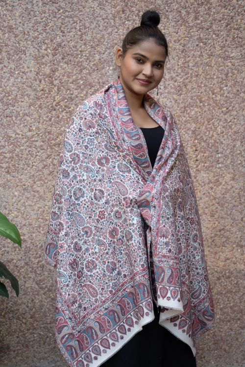 TICH Fine, Soft Kashmiri Kani Pattern Wool Stole - Beige Ornate