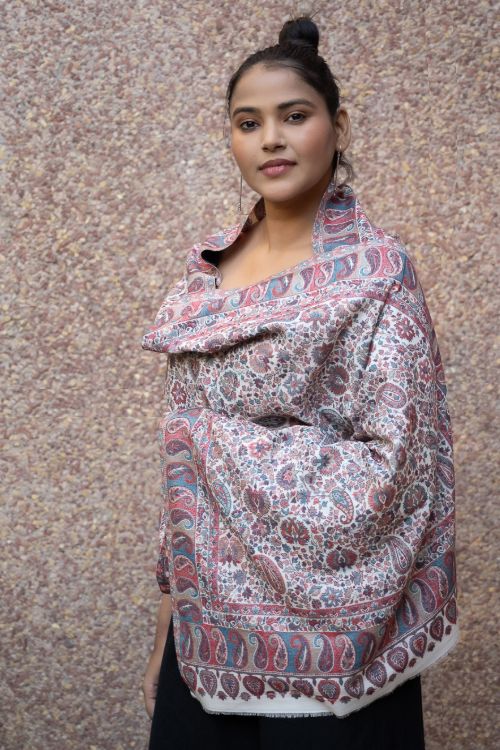 TICH Fine, Soft Kashmiri Kani Pattern Wool Stole - Beige Ornate