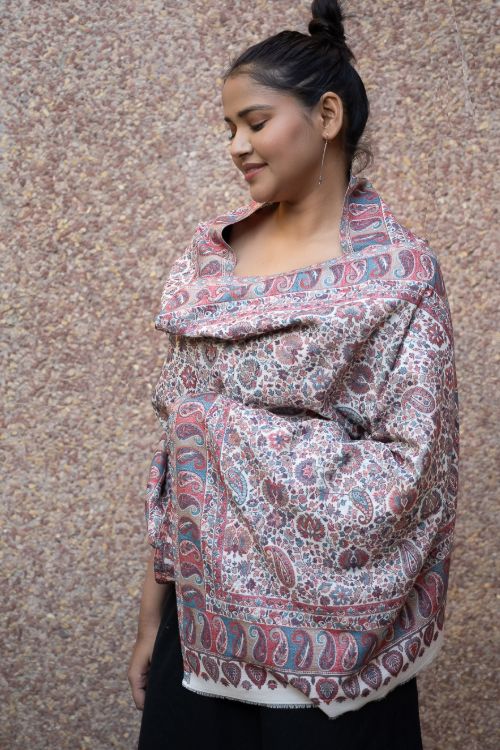 TICH Fine, Soft Kashmiri Kani Pattern Wool Stole - Beige Ornate