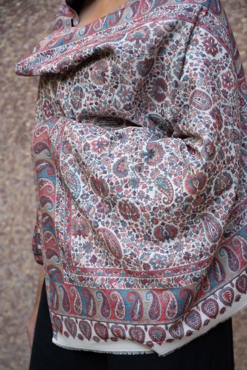 TICH Fine, Soft Kashmiri Kani Pattern Wool Stole - Beige Ornate