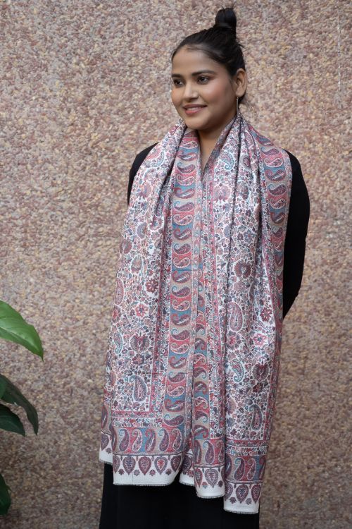 TICH Fine, Soft Kashmiri Kani Pattern Wool Stole - Beige Ornate