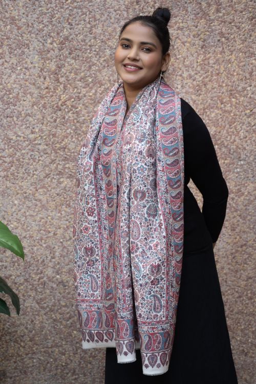 TICH Fine, Soft Kashmiri Kani Pattern Wool Stole - Beige Ornate