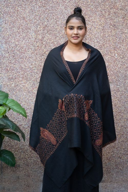 TICH Fine Sozni Hand Embroidered Pure Wool Stole - Black Paisley