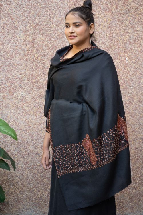 TICH Fine Sozni Hand Embroidered Pure Wool Stole - Black Paisley