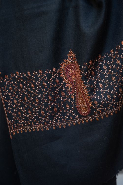 TICH Fine Sozni Hand Embroidered Pure Wool Stole - Black Paisley