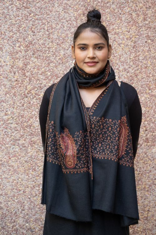 TICH Fine Sozni Hand Embroidered Pure Wool Stole - Black Paisley