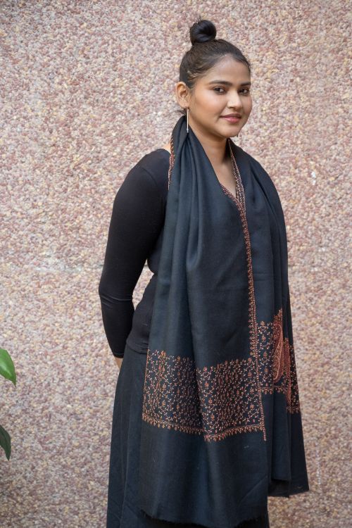 TICH Fine Sozni Hand Embroidered Pure Wool Stole - Black Paisley
