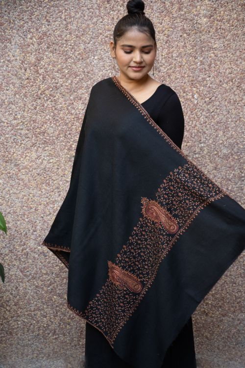 TICH Fine Sozni Hand Embroidered Pure Wool Stole - Black Paisley