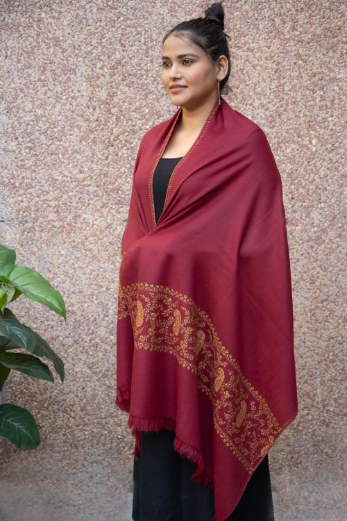 TICH Fine Sozni Hand Embroidered Pure Wool Stole - Red Paisley