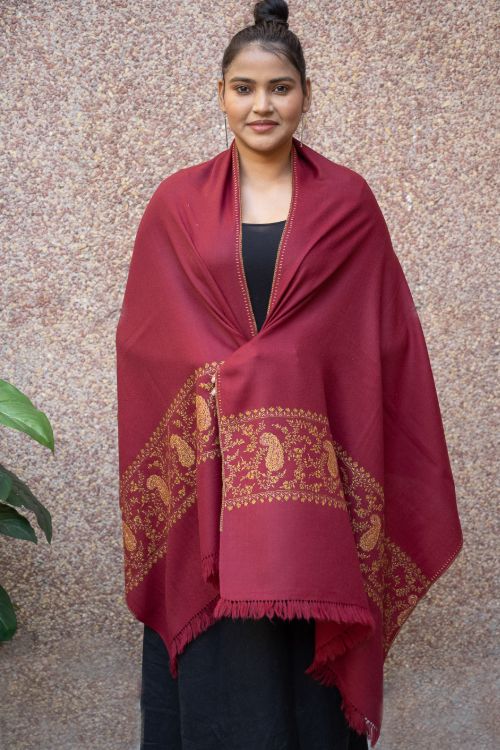 TICH Fine Sozni Hand Embroidered Pure Wool Stole - Red Paisley