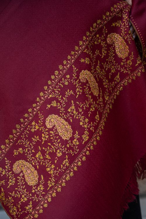 TICH Fine Sozni Hand Embroidered Pure Wool Stole - Red Paisley