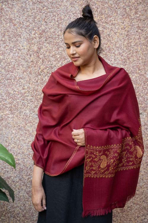 TICH Fine Sozni Hand Embroidered Pure Wool Stole - Red Paisley