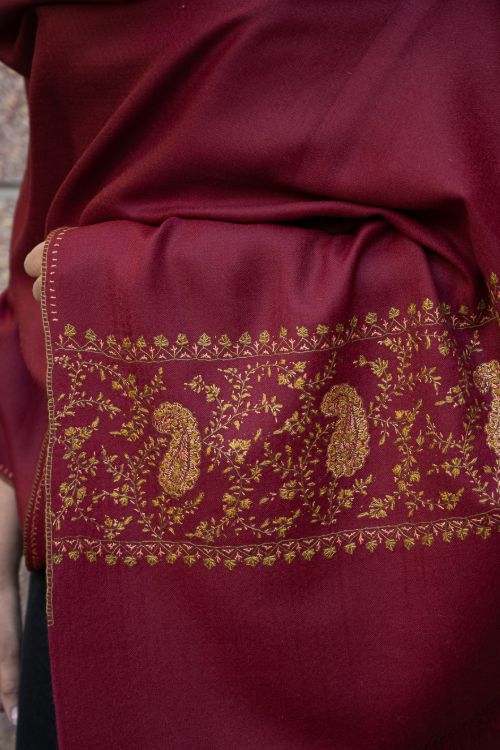 TICH Fine Sozni Hand Embroidered Pure Wool Stole - Red Paisley