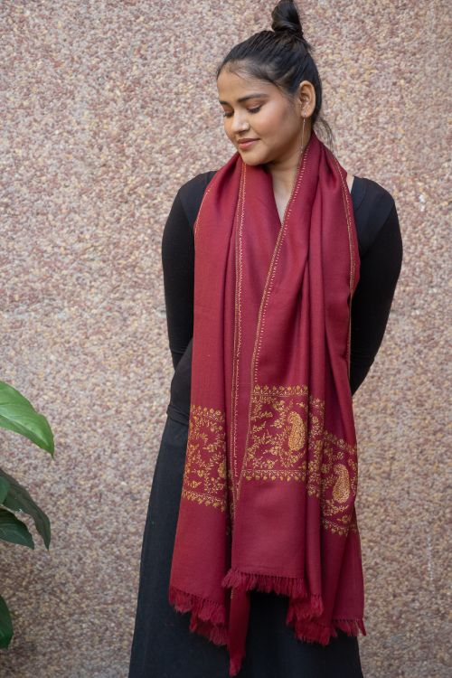 TICH Fine Sozni Hand Embroidered Pure Wool Stole - Red Paisley
