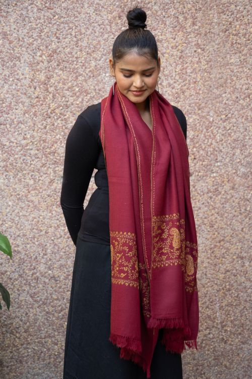 TICH Fine Sozni Hand Embroidered Pure Wool Stole - Red Paisley