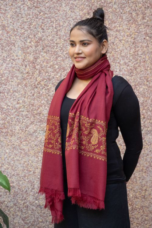 TICH Fine Sozni Hand Embroidered Pure Wool Stole - Red Paisley