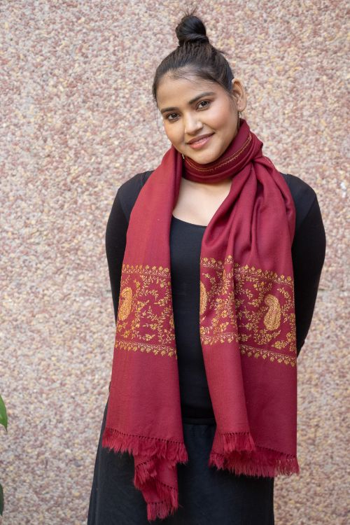 TICH Fine Sozni Hand Embroidered Pure Wool Stole - Red Paisley