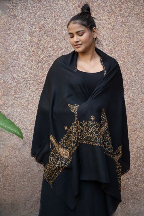 TICH Fine Sozni Hand Embroidered Pure Wool Stole - Ambi
