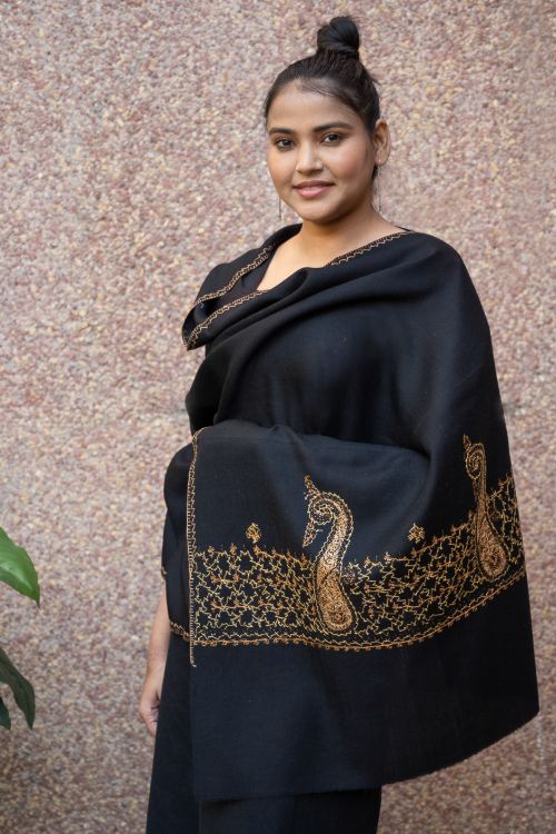 TICH Fine Sozni Hand Embroidered Pure Wool Stole - Ambi