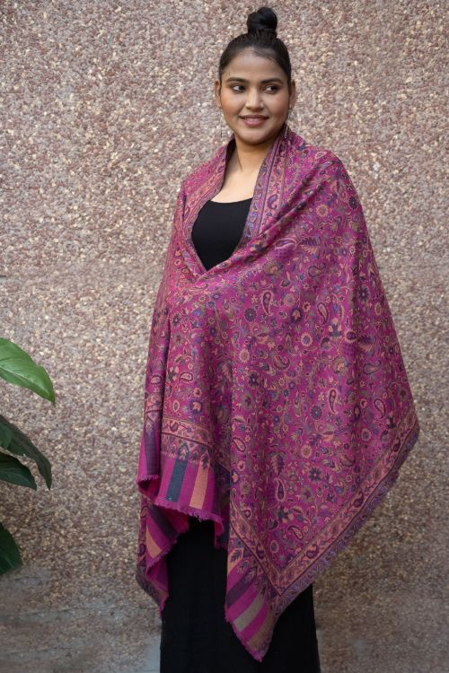 TICH Fine, Soft Kashmiri Kani Pattern Wool Stole - Deep Pink Paisley
