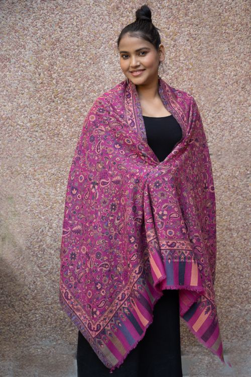 TICH Fine, Soft Kashmiri Kani Pattern Wool Stole - Deep Pink Paisley