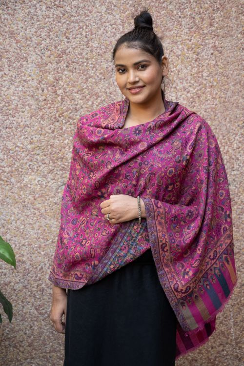 TICH Fine, Soft Kashmiri Kani Pattern Wool Stole - Deep Pink Paisley