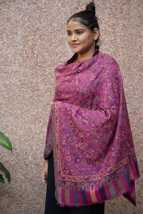 TICH Fine, Soft Kashmiri Kani Pattern Wool Stole - Deep Pink Paisley