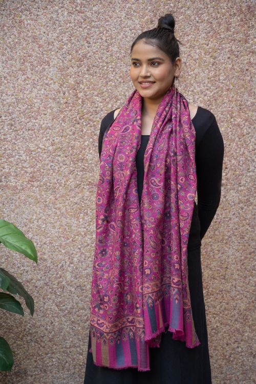 TICH Fine, Soft Kashmiri Kani Pattern Wool Stole - Deep Pink Paisley