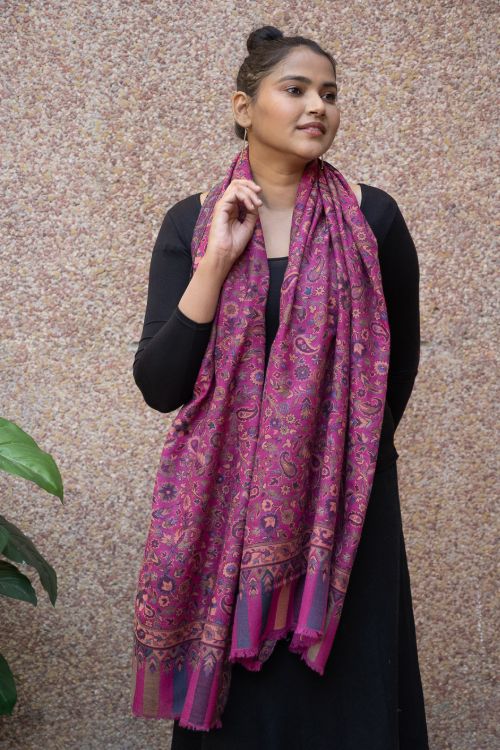 TICH Fine, Soft Kashmiri Kani Pattern Wool Stole - Deep Pink Paisley