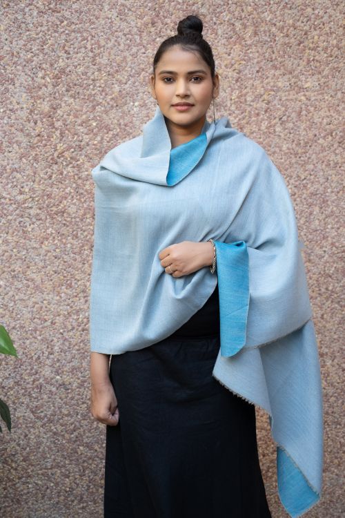 TICH Exclusive Reversible Soft Kashmiri Wool Stole - Light & Dark Blue
